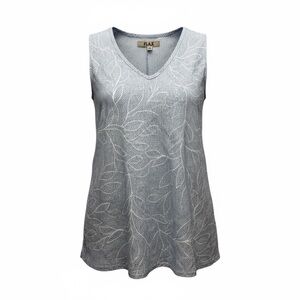 Flax Women's 100% Linen Gem Blue and White Floral Pattern Flowy Tank Top- Medium